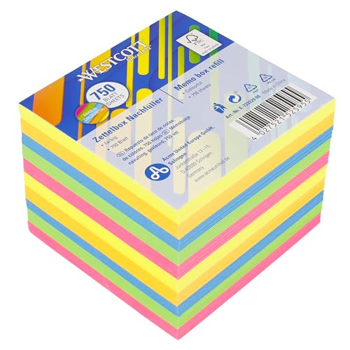 Westcott Bloc de notas de colores, 750 hojas, paquete de recambio | Hojas de 9 x 9 cm en 5 colores | Paquete de recambio para caja dispensadora | Papel con certificación FSC, 80 g/m² | E-1733229 00