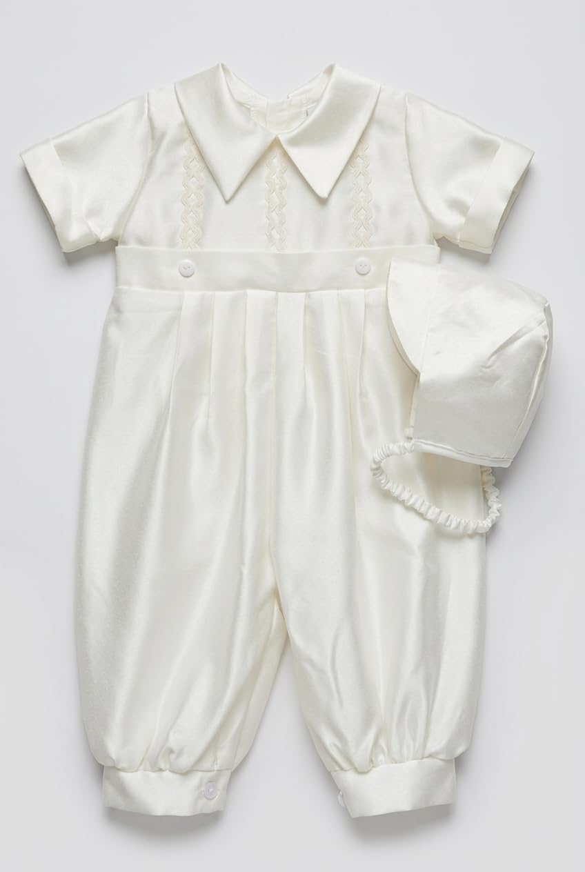 SIRRI Completo da Battesimo per Neonato in Raso, Composto da Tutina Ricamata Color Avorio e Cappellino, Due Pezzi.
