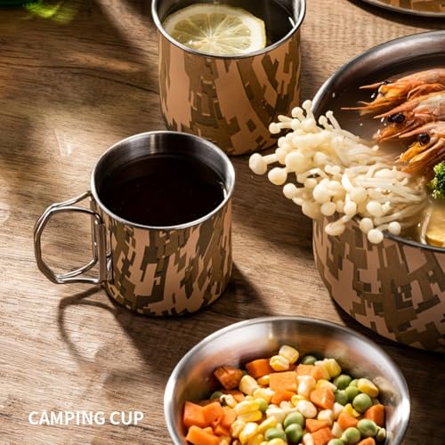 Set de Cocina para Camping Pardarsey 5PCS Camuflaje, Acero Inoxidable Portátil Exterior con Olla, Sartenes y Tazas, Mangos Plegables para Senderismo, Camping y Picnics miniatura 7