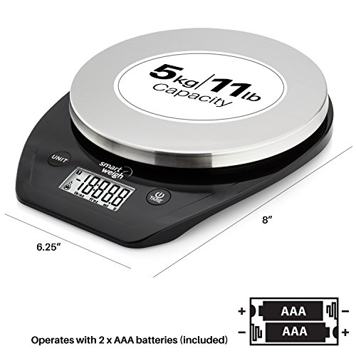 Smart Weigh Bascula Multifuncional para Cocina y comida con Plataforma en Acero Inoxidable, Pantalla grande LCD y Seis Modos de Pesaje, 5kg/11lb x 1g/0.1oz