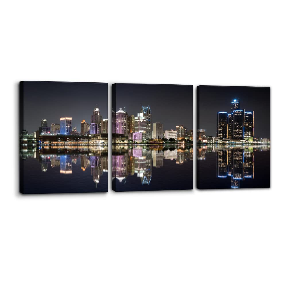 Pacimo 3 Pieces Panoramic Detroit Cityscape Picture Black and White Michigan Night Skyline Canvas Art Prints Wall Decoration for Bedroom Office Stretched and Framed Ready to Hang - 12" x 16" x 3