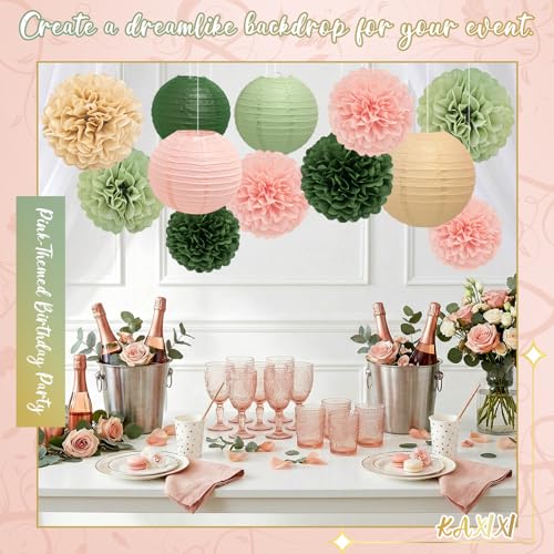 Image of KAXIXI 15-Piece Pink Sage Green Champagne Party Decorations, Paper Lanterns