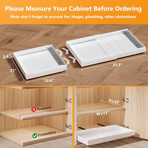 Image of Pull Out Cabinet Organizer 21 inch Deep Heavy Duty Expandable(12.6 inch-21.3 inch) Slide Out Drawers for Kitchen Cabinets with Adhesive 1 Pack Adjustable Roll Out Shelf Storage Organization for Pantry Bathroom