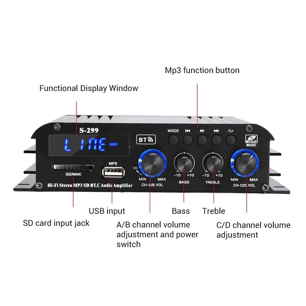 S-299 Mini Amplificateur de Puissance Audio StéRéO 4.1 BT Portable pour Voiture et Maison Double Usage 4 X 40 W Amplificateur Audio à Distance Prise UE