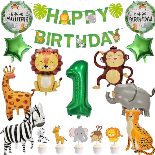 BORISCA Decoração de aniversário 1 anos, balões de aniversário 1 anos menina menino incluídos balões animais e decoração bolo de aniversário, balões animais da selva balão safari
