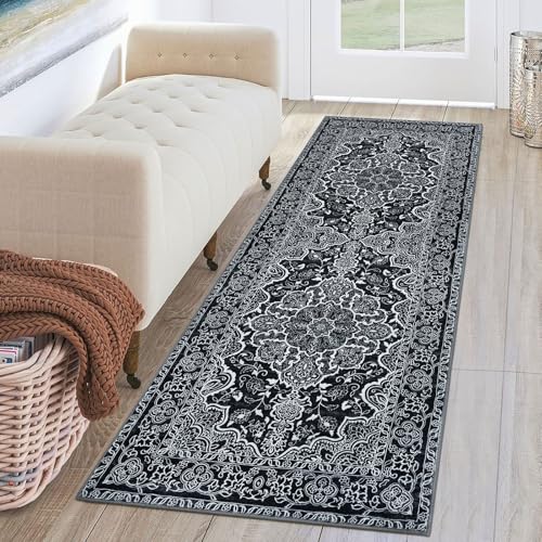 KUTA Runners for Hallways 2x6 Black, Vintage Floral Kitchen Rugs Non-Slip Washable Runner Soft Printed Retro Distressed Flower Entryway Carpet for Bedroom Laundry Nursery