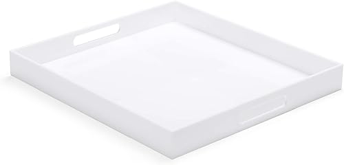 Bandeja otomana de acrílico blanco moderno de 12 x 20 pulgadas con asas recortadas, bandeja organizadora para servir, bandeja decorativa para sala