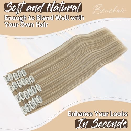 Benehair 22" Clip in Hair Extensions 12 Pcs Long Straight Hair Extensions Clip in Synthetic Fiber Natural Extension Light Brown mix Ash Blonde Hair Piece for Women(Light Brown mix Ash Blonde, 180g) - Image 4