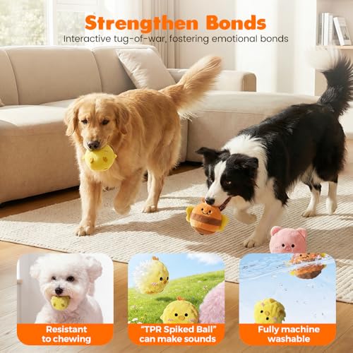 Plush Spiky Ball Dog Toy, 2026 New Interactive Dog Toys, Jumping Squeaky Chew Toy Ball with Soft Durable Fabric for Small Medium Large Dogs Puppy Teething Toys (Yellow)