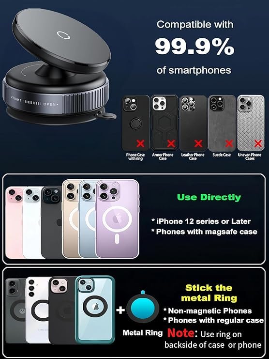 Image of 360 Vaccum Magnetic Phones Holder, Magnetic Car Phone Mount, Hands-Free Suction Cup Phones Holder for Car /Gym /Mirror /Shower, Car Mount Compatible with All Mobile (Non-Extended)