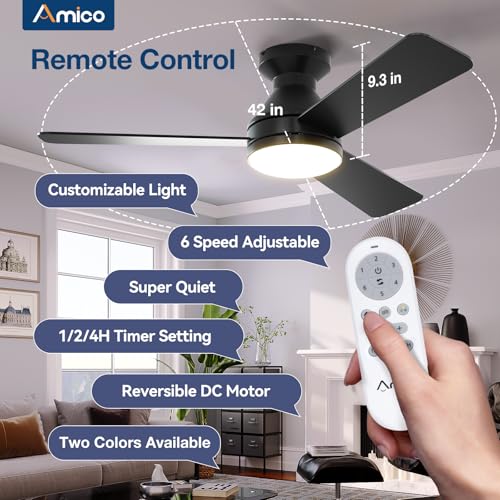 Image of Amico Ceiling Fans with Lights, 42 inch Low Profile Ceiling fan with Light and Remote Control, Flush Mount, Reversible, 3CCT, Dimmable, Noiseless, Black Ceiling Fan for Bedroom, Indoor /Outdoor Use