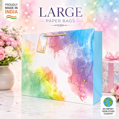 Image of Gift Bags -Large Paper Bags for Return Gifts | Paper Gift Bag | Carry Bags for Gifting |Paper Bags -Goodie Bags with Tissue Paper and Thank You Card Gift Tag |Pack of 5 |Size 12x15x5 inches By Flora Paperbags Wedding | Birthday |