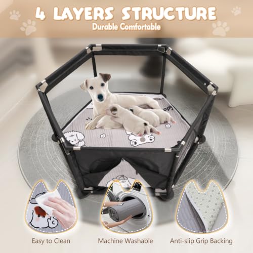 Sechseckige Welpenkiste für extra hohe Hundewelpen, Laufstall + Welpen-Auflage für große und kleine Rassen, Welpen-Zubehör, unverzichtbar für Hunde, Welpen, 122 x 65 cm, Schwarz