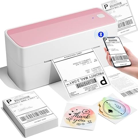 Memoqueen Bluetooth Thermal Label Printer 4X6 - Wireless Shipping Label Printer for Shipping Packages and Small Business, Compatible with iOS and Android, for USPS, Etsy Amazon Shopify，Pink and White Cover