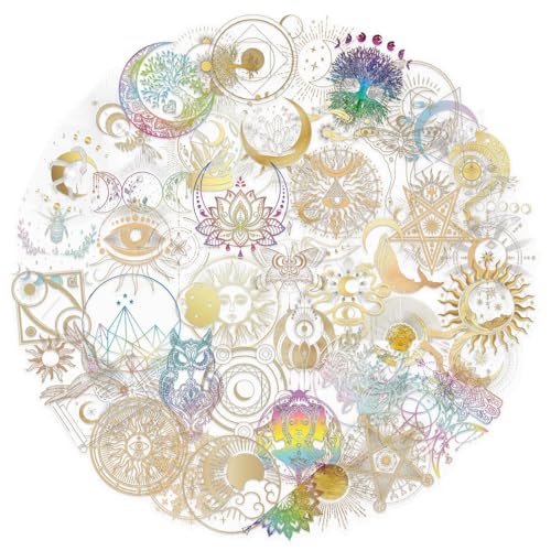 50PCS Transparent Fantasy Stickers Gloden Celestial Aesthetic Stickers for Scrapbooking Journaling & DIY Crafts Clear PET Cosmic Moon Sticker for Water Bottles Laptop Luggage Phone(Colours-J2)