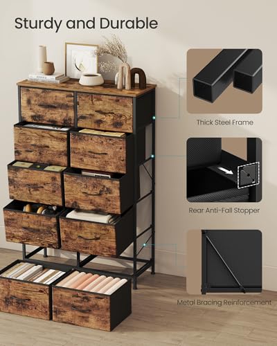 Image of SONGMICS BELLAH Collection - Dresser for Bedroom, Chest of Drawers, Storage Organizer Unit, Closet, Entryway, Steel, 10 Drawers, Industrial, Rustic Brown and Ink Black ULGS125B02S
