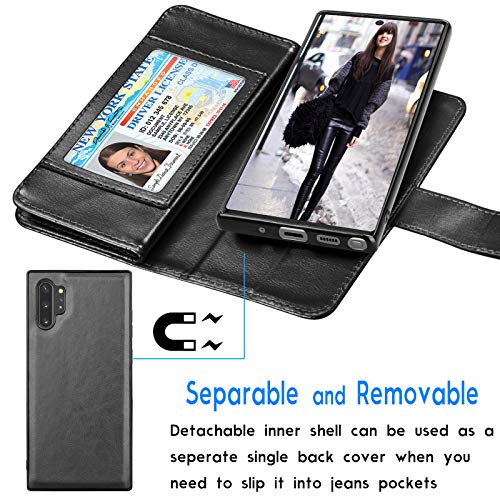 Galaxy Note 10 Plus Case, Galaxy Note 10+ Wallet Case, Luxury Cash Credit Card Slots Holder Carrying Folio Flip Pu Leather Cover [Detachable Magnetic Hard Case] Kickstand For Samsung Note10+ [Black] #TOP3