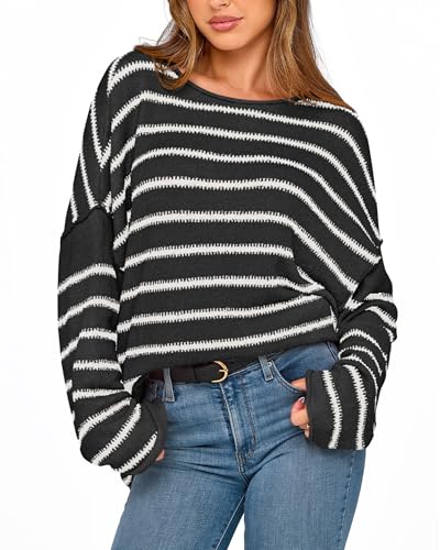 BTFBM Women's Striped Knit Sweaters 2025 Spring Fall Boat Neck Off Shoulder Long Sleeve Oversized Casual Pullover Tops
