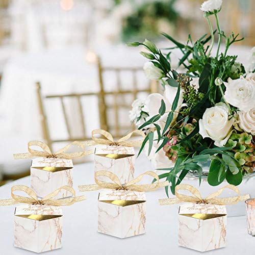 Aerwo 50Pcs Marble Wedding Party Favor Boxes, Gold Wedding Candy Boxes Bags Hexagonal Chocolate Treat Gift Boxes With Ribbons For Wedding Bridal Shower Baby Shower Birthday Party Decoration #TOP5