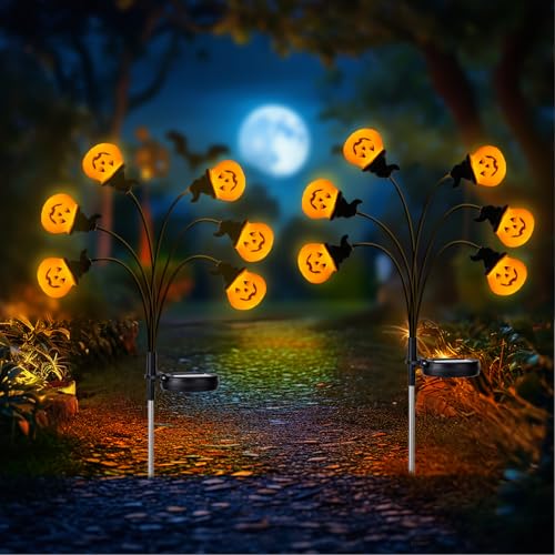 Halloween Decorations Outdoor Pumpkins, Solar Halloween Garden Stake Lights, Solar Firefly Lights Outdoor Waterproof for Yard (Pumpkin2P)
