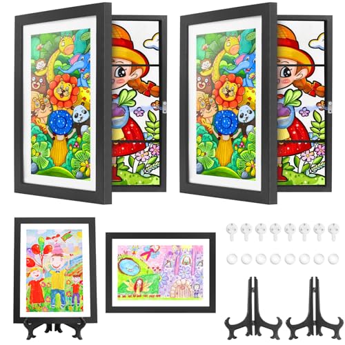 SelfTek Marco Dibujos Infantiles A4, Pack de 2 Marcos para Dibujos Niños con Soporte, Apertura Frontal Magnética, Hasta 150 Dibujos, Ideal para Casa, Escuela, Regalo (Negro)