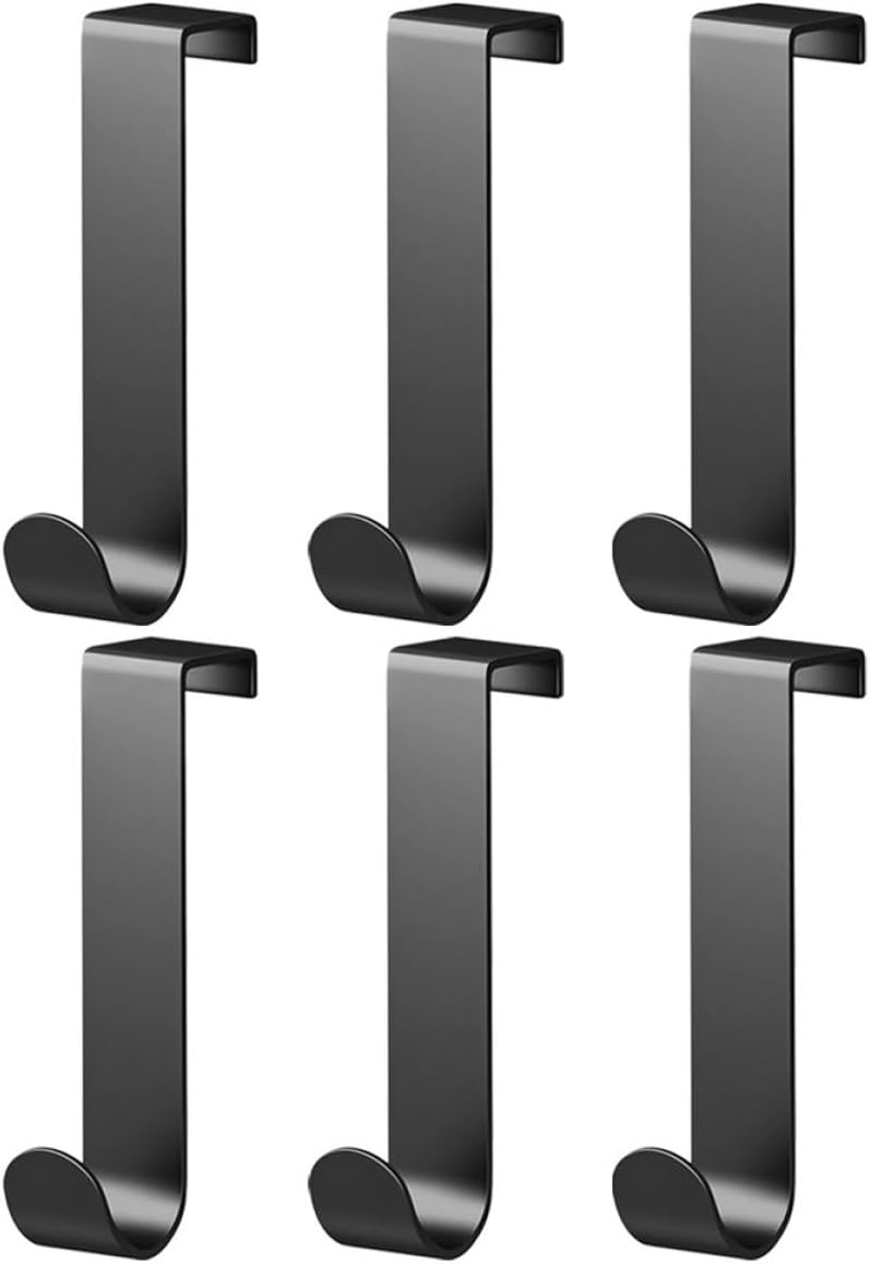 6pcs Black Over The Door Hooks for Cabinet and Room Doors, Single Utility Hooks for Hanging Coats, Towels, Bags – Space-Saving Storage Solution for Home Organization