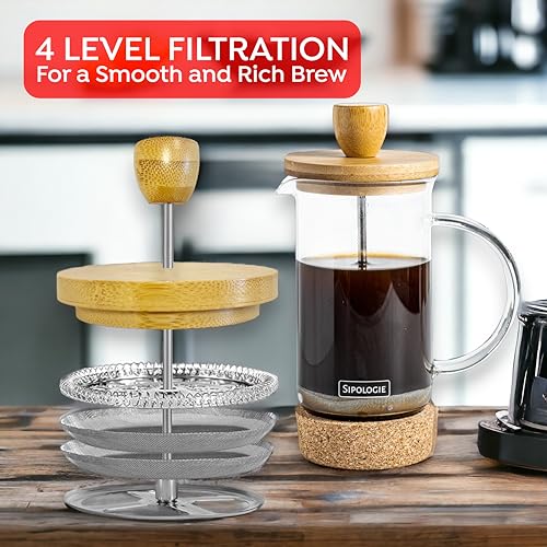 Image of Sipologie Kumaon French Press Coffee Maker 350ml I Nature Inspired Wooden Lid and Cork Base | Premium Heat Resistant Borosilicate Glass I With Coffee Spoon and Extra Filter Mesh | 1 Cup