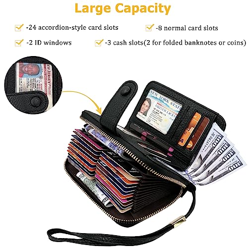 Yuhan Pretty Rfid Blocking Credit Card Holder Wallets For Women Large Capacity Wristlet Bifold Leather Card Case Organizer(Vintage Black) #TOP1