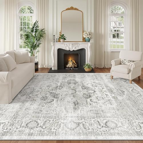 xilixili Washable 8x10 Area Rug - Large Soft Rugs for Living Room Vintage Stain Resistant Carpet for Bedroom with Non Slip Backing Home Decor Indoor Floor Mat (Ivory/Gray,8'x10')