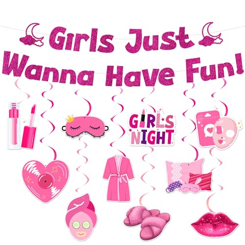 Sleepover Party Decorations Banner for Girls - Pink Glitter Girl Just Wanna Have Fun Slumber Decoration with Banner Hanging Swirls, Girls Night Spa Party Supplies for Birthday Bachelorette