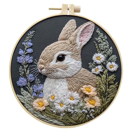 Image of InteDesign Embroidery Kits for Beginners, DIY Embroidery Starter Kit with Cute Rabbit Flowers Plants Pattern Instruction,Bamboo Hoops, Threads and Needles (Rabbit)