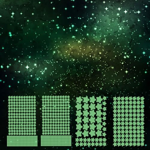 Image of Aooyaoo Glow in The Dark Stars Wall Stickers, Glowing Stars for Ceiling and Wall Decals, 3D Glowing Stars,Excluding The Moon,Perfect for Kids Bedding Room or Party Birthday Gift(606Pcs, Green)