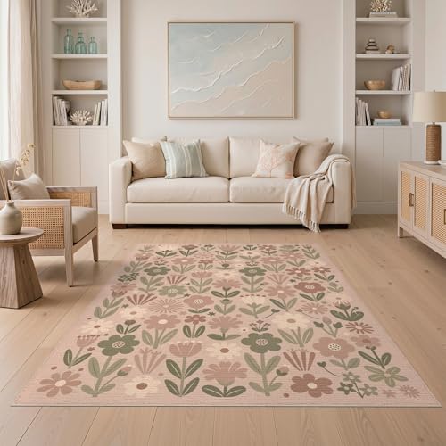 ODIKA 5'x7' Washable Modern Leaf Area Rug, Sage Green Non-Shedding Pet Friendly Carpet Easy Care Kids Safe Mat for Small Living Room, Playroom, Bedroom | Ref:2025410