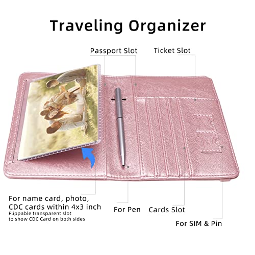 WALNEW Passport Holder for Travel, RFID Passport Cover Wallet for Women Men, PU Leather Passport Book Case with Pen Holder and Clear Photo Slot, Rosegold