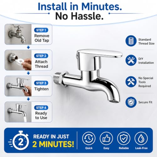 Image of Stainless Steel Long Body Bib Cock Water Tap for Bathroom & Kitchen - Chrome Finish Wall Mounted Bibcock Tap Faucet with Leak-Proof Valve & Water-Saving Aerator (Silver, 4 x 4 Inches)