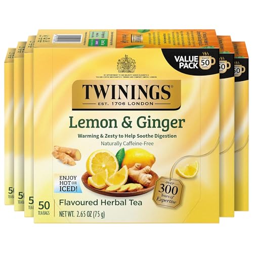 Twinings Lemon &amp; Ginger Herbal Tea Individually Wrapped Bags, 50 Count (Pack of 6), Tangy Lemon &amp; Spicy Ginger, Naturally Caffeine-Free, Enjoy Hot or Iced, 300 Teabags