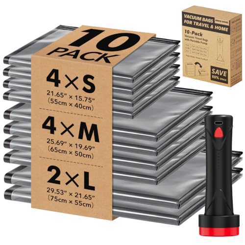 MEIQIHOME 10 Stück PackEase Reise-Vakuumbeutel mit 1500-mAh-Funkpumpe, 80% Platzersparnis für Gepäck… – Ansicht 1