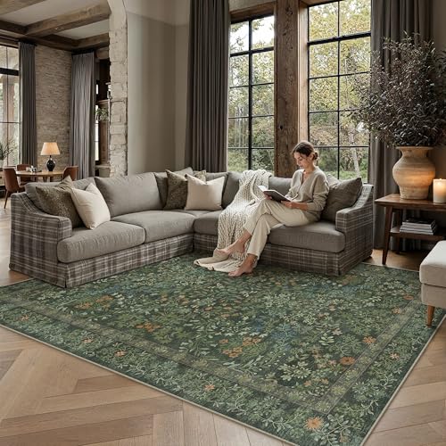 4x6 Dark Green Area Rug for Entryway Washable Vintage Floral Carpet Low Pile Non Slip Botanical Aesthetic Soft Accent Throw Rug Entrance Kitchen Bedro