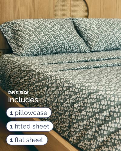 Image of Twin 3 Piece Floral Sheet Set - Soft, Breathable & Cooling - Green Meadow | 1 Flat, 1 Fitted & 1 Pillowcase w / Deep Pockets, Boho Botanical Floral Bedding, Breathable & Cooling, Wrinkle & Fade Free