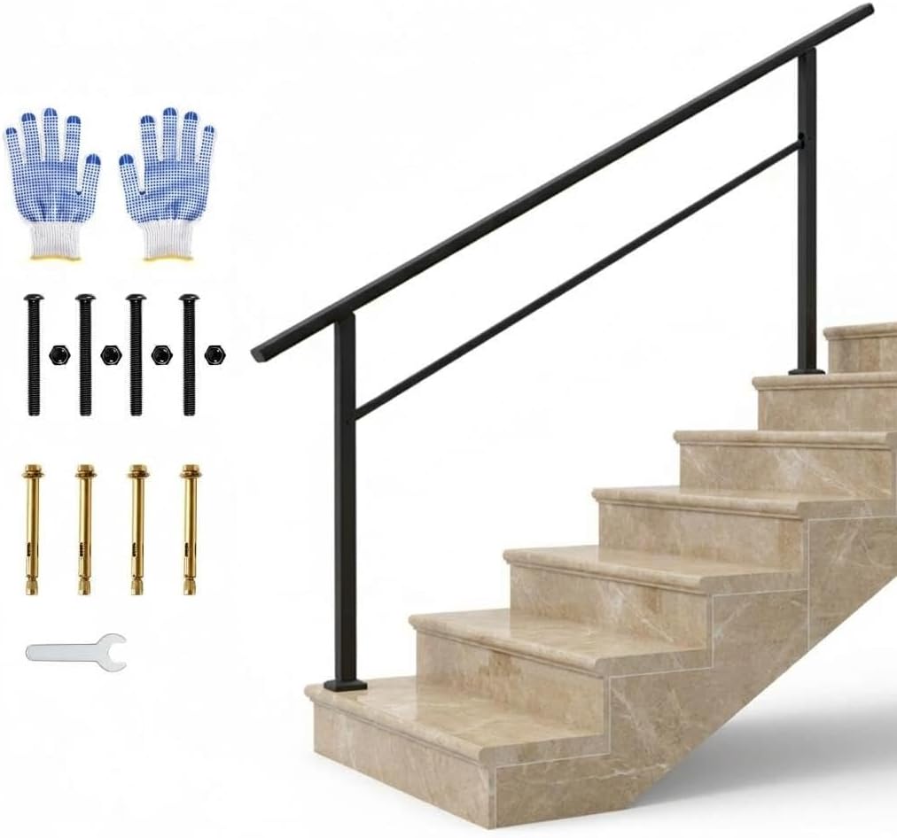 Black Aluminum Stair Handrail Kit for 3 Steps - Outdoor & Indoor, Powder-Coated Safety Grab Bar for Seniors, Iron Posts, Easy DIY Install, Hardware & Gloves Included - 1 Pack | 3 Steps | Place