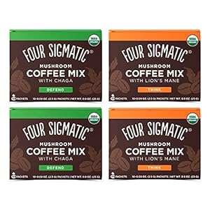 Four Sigmatic Mushroom Coffee Mix Pack of 4 – Lion’s Mane and Chaga & Cordyceps and Chaga – 10 Packets Per Box…