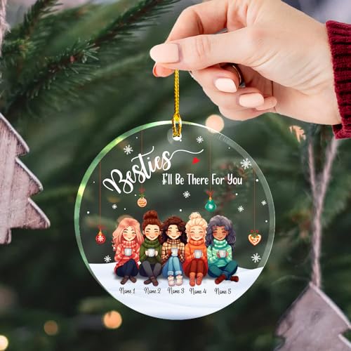 Besties I’ll Be There for You Clear Plastic Ornaments, Christmas Decorations Personalized Name Five Girls Wear Sweater with Hot Chocolate Cup Acrylic Ornaments, Gifts for Sister Friends Siblings3