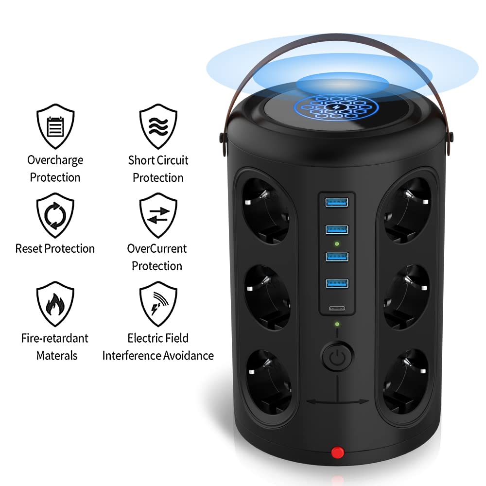 Wieża przeciwprzepięciowa na 12 gniazd z 4 portami USB i 1 USB-C i ładowarką bezprzewodową, 2500 W 10 A 110–250 V, przewód 1,8 m, wskaźnik LED, gniazdo przedłużające z wieloma
