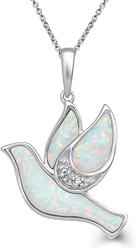 Jewelili Collar colgante de paloma en plata de ley con diamantes y ópalo cadena Rolo de 18 pulgadas Metal Ópalo creado