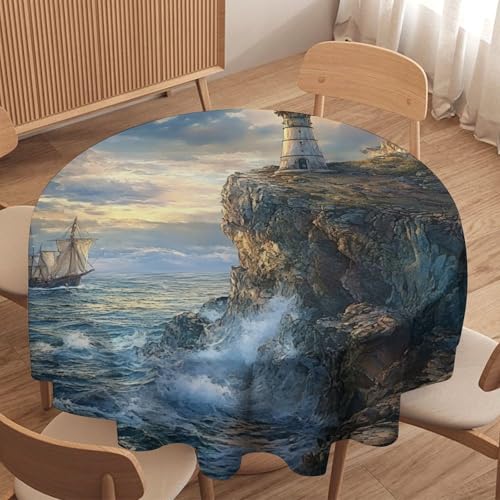 asbwuo Mantel Redondo Vintage con Faro en el océano, Lavable, con diseño de acantilados y navegación, Ideal para Cocina, Comedor, Exteriores y decoración navideña. 178 cm (70 Pulgadas).