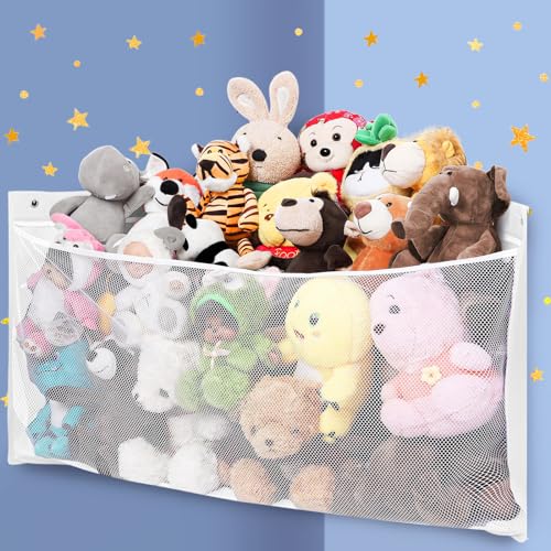 ANROYE Large Corner Stuffed Animal Storage, Kids Plushies Toy White Wall Hammock for Girls Room, Baby Squishmallow Holder for Nursery, Organizer Idea for Bear Hanging Display Boy Gift