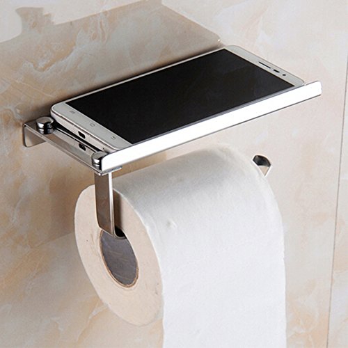 Porte-Papier Toilette en Acier Inox avec Support de Téléphone, Porte Rouleau Papier Mural Brossé Pour Salle de Bain WC avec avec Etagère de Rangement Cover