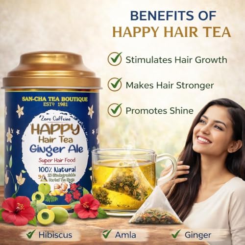 Image of SAN-CHA Tea Boutique Happy Hair Tea | Free Tea (Pack Of 25) | 100% Biodegradable Tea Bags|Pyramid Tea Bags | Herbal Tea | Tea For Healthy Hair | Hibiscus Leaves For Hair Growth, 25 grams