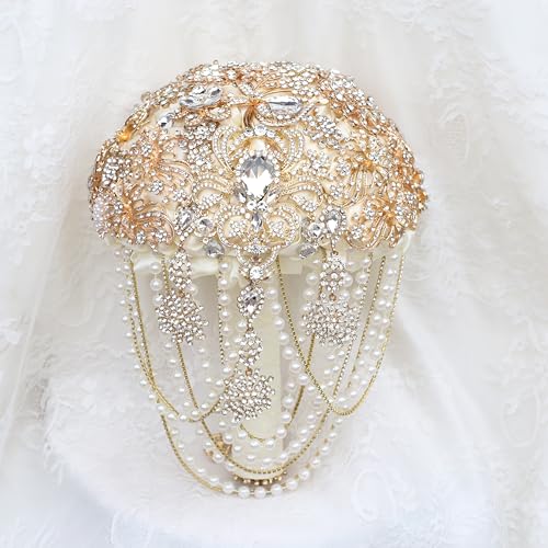 Image of MaxxCloud Luxury Gatsby-Inspired Vintage Wedding Golden Brooch Bouquets Handmade Sliver Bling Glam Wedding Bridal Bouquet