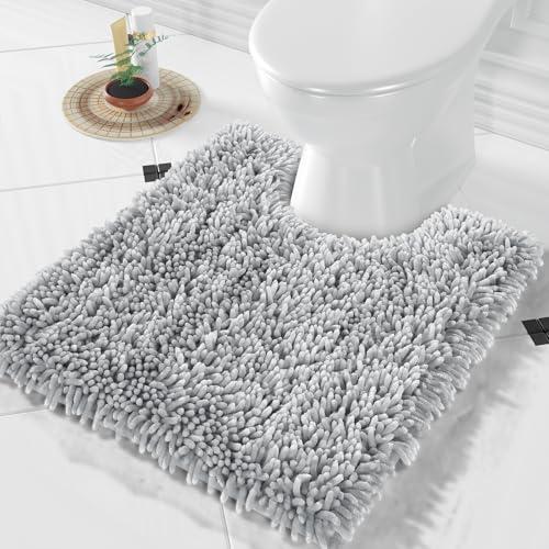 Image of Yimobra Toilet Rugs U Shaped Washable, Extra Thick Soft Absorbent Chenille Contour Bathroom Rugs for Toilet 24x20 Inch, Quick Dry Non Slip Toilet Mat for Bath Floor, Light Grey